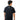 Person wearing a black t-shirt with a logo on the back, standing against a white background