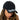Person wearing a black cap with white text on a white background