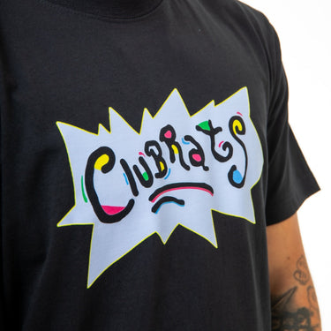 Black t-shirt with colorful 'Cubrats' logo on a white background