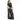 Woman wearing a black outfit with text on a white background