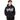 Person wearing a black hoodie with white text on a white background