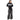 Person wearing a black sweatshirt with white text and black pants on a white background