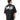 Person wearing a black t-shirt with white text on the back, standing against a white background