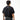 Person wearing a black t-shirt with a white logo on the back, standing against a white background