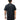 Person wearing a black t-shirt with text on the back, standing against a white background