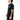 Person wearing a black t-shirt with colorful text design on a white background