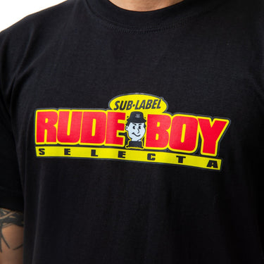 Black t-shirt with 'Rude Boy Selecta' logo in red and yellow on a plain background
