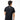 Person wearing a black t-shirt with a logo on the back, standing against a white background