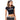 Woman wearing a black t-shirt with text, standing against a white background