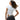 Person wearing a white t-shirt with a logo and dark jeans on a white background