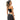 Woman wearing a black crop top and gray pants on a white background