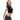 Woman wearing a black crop top and gray pants on a white background