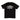 Black t-shirt with white text on a white background