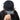 Person wearing a black cap with white text, holding it in front of their face on a white background