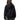 Person wearing a black hoodie with a logo on the back, standing against a white background