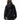 Person wearing a black hoodie with a logo on the back against a white background