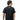 Person wearing a black t-shirt with a logo on the back, standing against a white background
