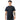 Man wearing a black t-shirt with red text on a white background
