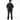 Person wearing a black t-shirt with a logo on the back, standing against a white background