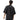 Person wearing a black t-shirt with a logo on the back, standing against a white background