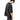 Person wearing a black t-shirt with a logo on the back, standing against a white background