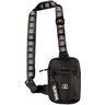 Black sling bag with a patterned strap on a white background