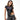 Woman wearing a black t-shirt with text and carrying a black crossbody bag on a white background