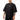 Man wearing a black t-shirt with a white logo on a white background