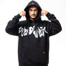 Person wearing a black hoodie with white text on a white background