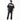 Person wearing a black t-shirt with white text on the back, standing against a white background