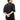 Person wearing a black t-shirt with a logo on the back, standing against a white background