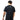 Person wearing a black t-shirt with a logo on the back, standing against a white background