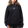 Person wearing a black hoodie with a logo on a white background