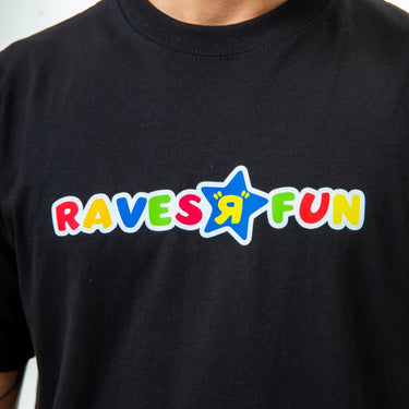 Black t-shirt with colorful 'RAVES R FUN' text design on a plain background