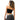 Woman wearing a black crop top and gray pants on a white background
