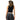 Person wearing a black sleeveless top and gray pants on a white background