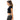 Woman wearing a black crop top and dark pants on a white background