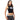 Woman wearing a black crop top with text and gray pants on a white background