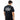 Person wearing a black t-shirt with text on the back, standing against a white background