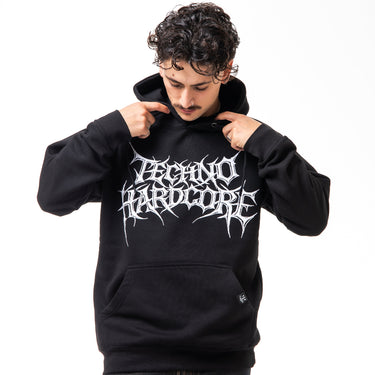 Person wearing a black hoodie with 'Peculiar Hardcore' text on a white background