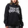 Person wearing a black hoodie with white text on a white background