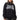 Person wearing a black hoodie with white text on a white background