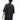 Person wearing a black t-shirt with a logo on the back against a white background
