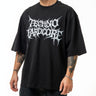 Man wearing a black t-shirt with white text on a white background