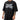 Man wearing a black t-shirt with white text on a white background