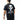 Person wearing a black t-shirt with a graphic design on the back, featuring text and a stylized face.