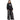 Person wearing a black hoodie with text and dark pants on a white background