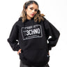 Person wearing a black hoodie with 'Toronto Techno' design on a white background