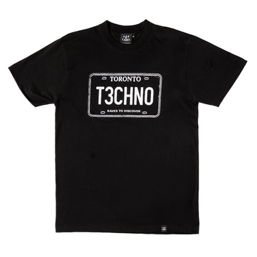 Black t-shirt with 'Toronto T3CHNO' design on a white background