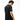 Person wearing a black t-shirt with a logo on the back, standing against a white background